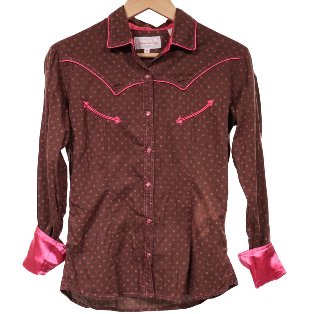 Panhandle Slim Western Shirt Horseshoe Print Cowgirl Brown Cotton Women M *FLAWS